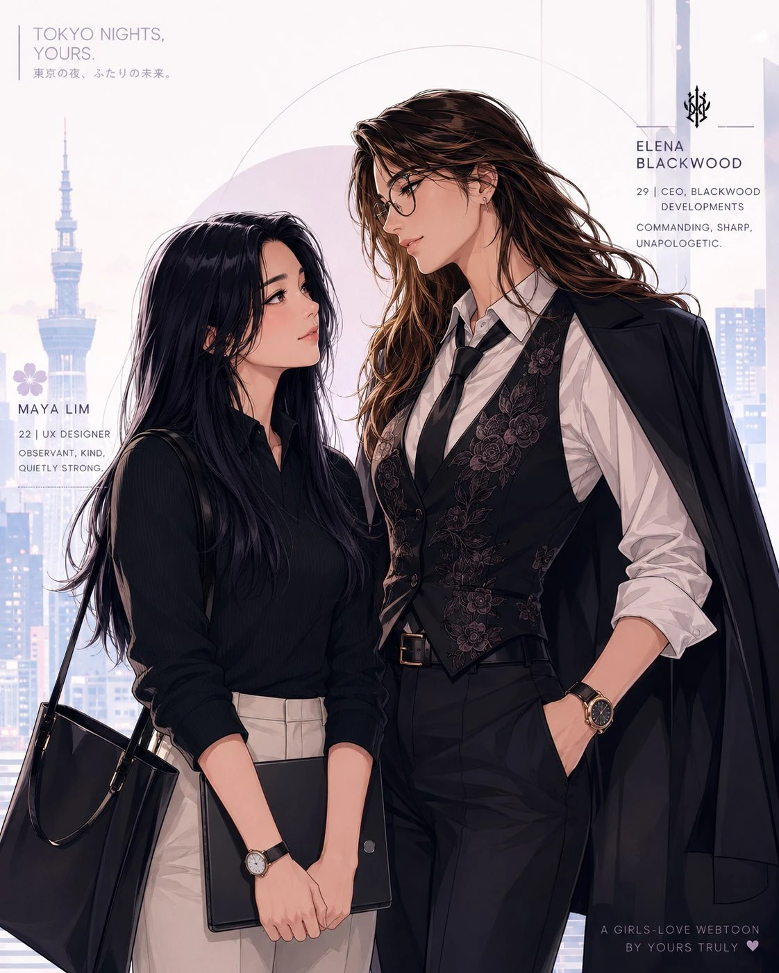 Character artwork for Tokyo Nights, Yours, showing Elena and Maya together